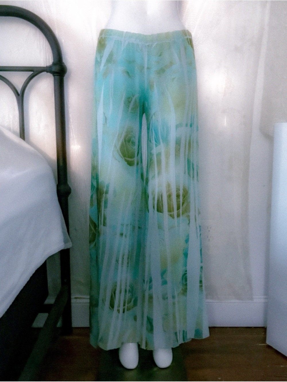 Y2K boho coastal wide leg watercolor blue & green pants